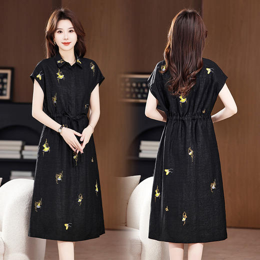 丁摩 真新款丝龟纹老料香云纱女夏季改良桑蚕丝国风气质方领连衣裙5ZF-6080 商品图1