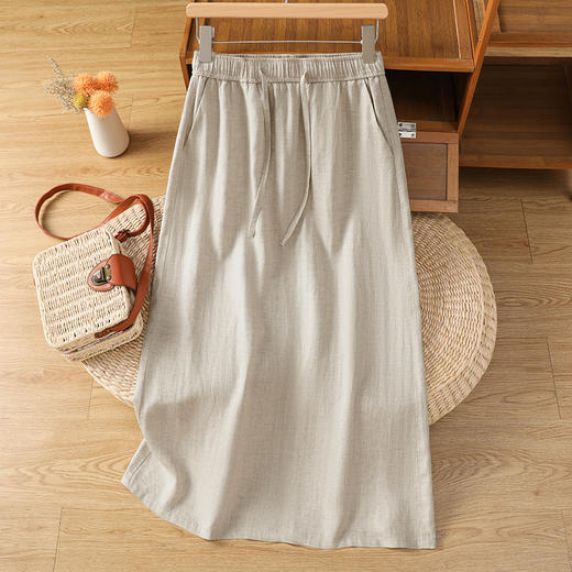 百媚生 天丝亚麻半身裙女夏薄款中长棉麻A字裙开叉直筒裙2698 商品图0