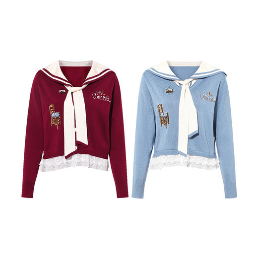 两三事梵高文艺 白襟颂歌 2025秋季新款绑带海军领刺绣针织开衫女 商品图4