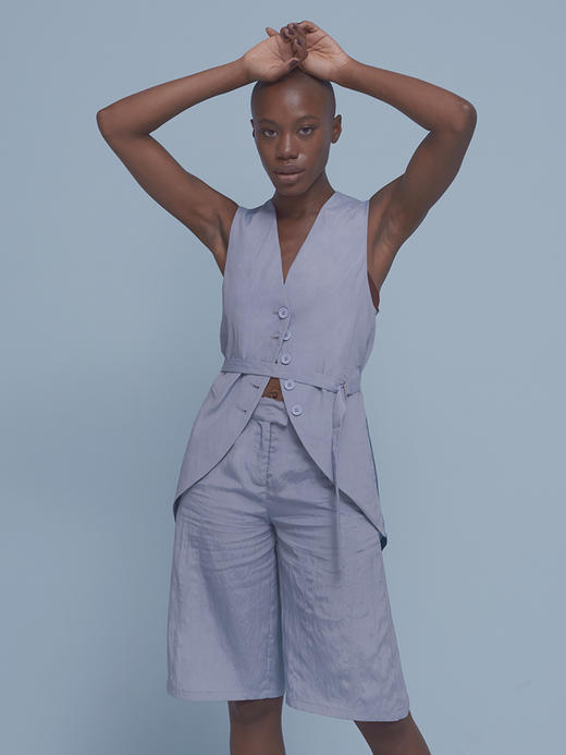 蓝色｜收腰大斜角前门襟褶皱肌理拼接马甲 /直筒型中裤 商品图2