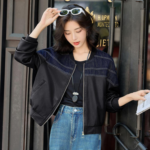 HRYYG82986牛仔撞色拼接棒球服皮衣外套2025秋季新款短款时尚百搭夹克上衣 商品图3