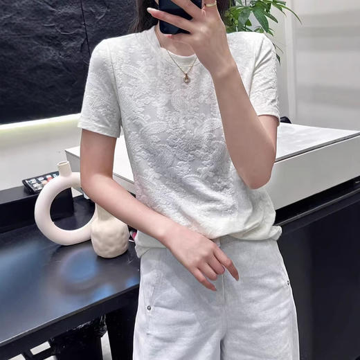 丁摩 新中式纯棉圆领国风T恤女夏季新款短袖复古显瘦气质提花上衣5ZF-170 商品图1