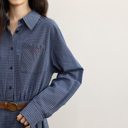 【08/19新品】熙世界学院风蓝色格子衬衫连衣裙女2025秋季新款长袖收腰百褶短裙 商品图5