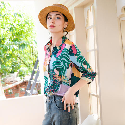 谜底花色衬衫七分袖女2025秋新款复古印花柔软亲肤衬衣257MC7850 商品图1