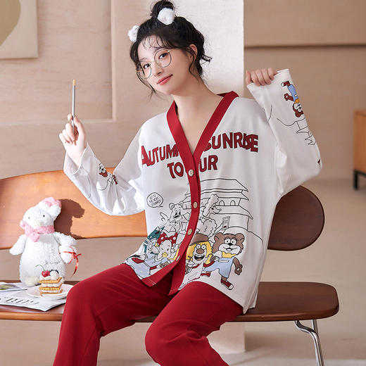 雀说 开衫时尚睡衣女长袖长裤纯棉春秋款家居服 商品图9
