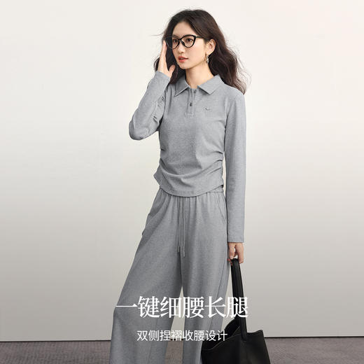 【08/19新品】熙世界灰色休闲套装女2025秋季新款通勤运动翻领上衣阔腿裤两件套 商品图1