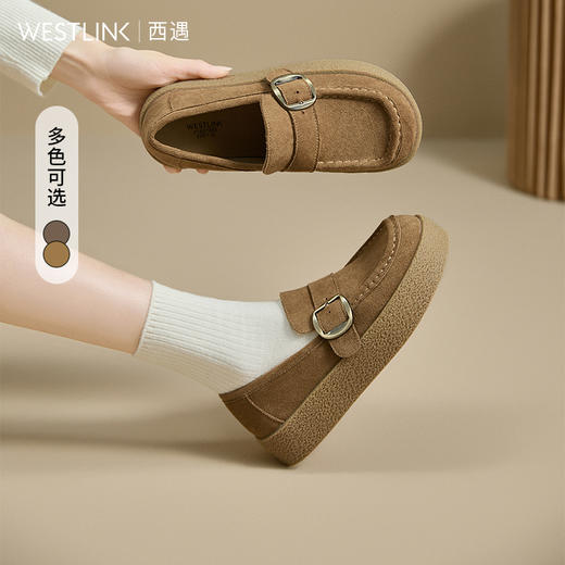 【限时秒杀】西遇厚底勃肯鞋女新款秋季复古一脚蹬豆豆鞋棕色乐福鞋袋鼠鞋V1857086 商品图0