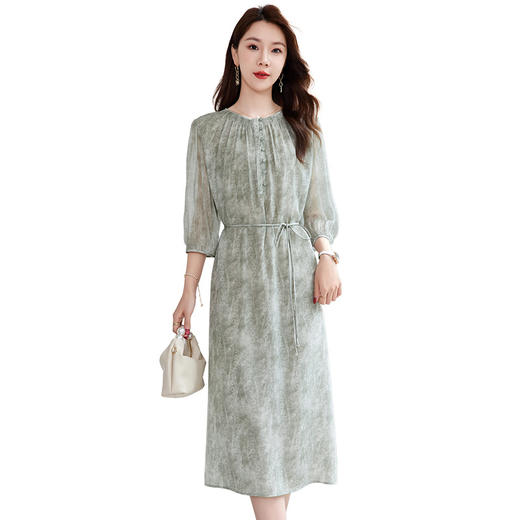 丁摩 【100%桑蚕丝】优雅夏季印花双绉拼接乔其中长款真丝连衣裙女5ZF-1661 商品图4