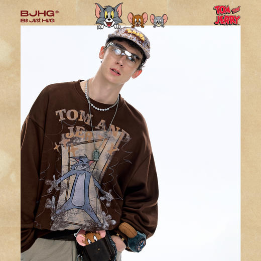 【猫和老鼠联名】BJHG不计后果美式复古卫衣男款秋宽松情侣上衣女 商品图0