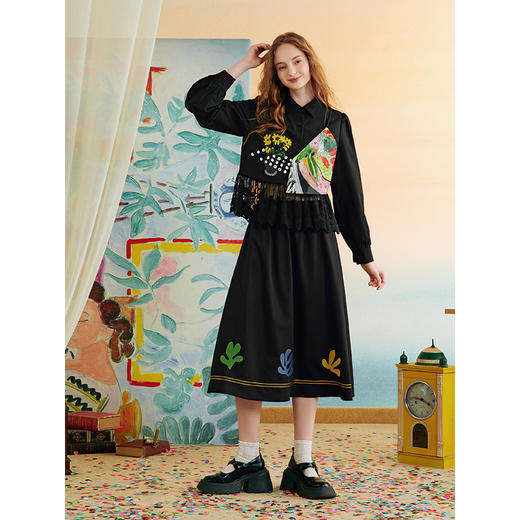 两三事夜绘游诗2025秋季新款复古印花拼接假两件上衣半裙两件套女 商品图2