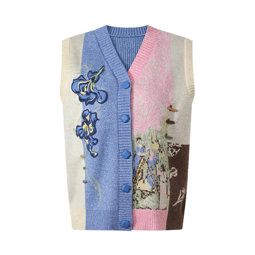 两三事梵高文艺花影絮语2025秋季新款鸢尾花贴布绣无袖针织开衫女 商品图4