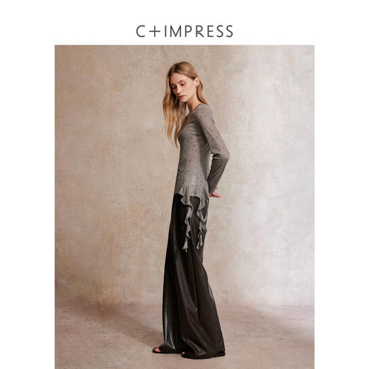 C+IMPRESS/西嘉荷叶边长袖t恤女秋季新款波点印花圆领设计感上衣T2503050 商品图3