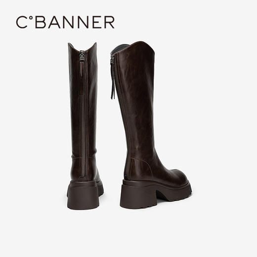 千百度厚底手抓皮骑士靴女增高瘦瘦靴粗跟显瘦长靴A25500227 商品图4