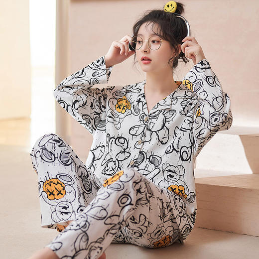 雀说 开衫时尚睡衣女长袖长裤纯棉春秋款家居服 商品图11