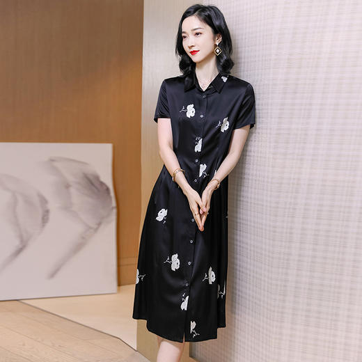 丁摩 真丝连衣裙女衬衫领设计真丝垂感夏季新款气质复古5ZF-2331 商品图3