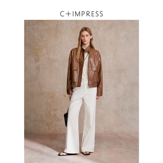 C+IMPRESS/西嘉|环保油蜡皮 立领棕色皮衣复古宽松廓形皮夹克外套WT2503012 商品图3