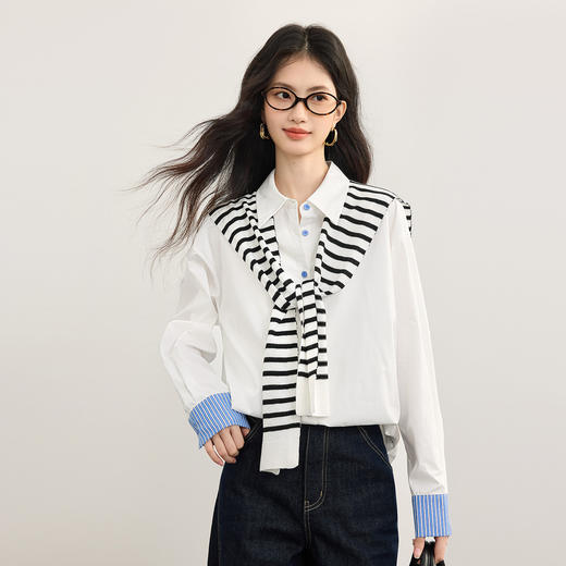 【周末秒杀】熙世界miu系天丝棉长袖衬衫女2025秋季新款条纹翻袖气质宽松衬衣 商品图1