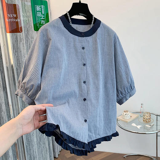 GYH 7358减龄木耳边撞色条纹短袖衬衫法式气质小衫 商品图0