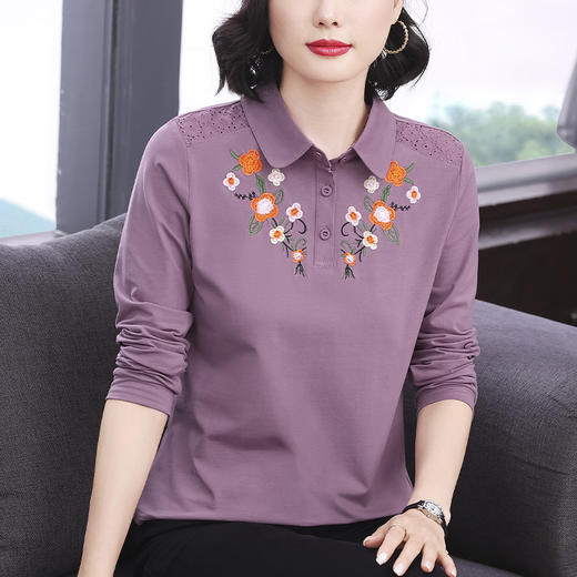 百媚生 棉质刺绣长袖T恤高级感小众6955 商品图0