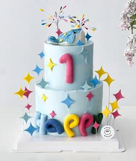 6+4双层HAPPY翻糖烟花小动物卡通蛋糕-低糖处理无添加