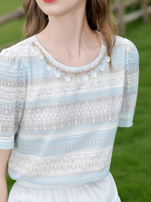 【百图lulu定制】【蓝色海浪衫】 法式泡泡袖  蕾丝条纹衬衫  针织衫 商品图7