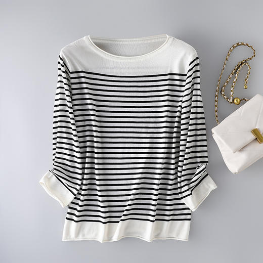 丁摩 桑蚕丝加莱赛尔经典条纹针织衫TX-056 商品图6