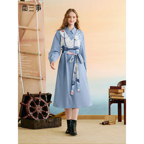 两三事 帆影织梦 2025秋季新款时尚印花布拼接绑带假两件连衣裙