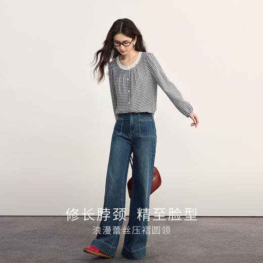 【08/19新品】熙世界法式格子衬衫女长袖2025秋季新款文艺复古蕾丝花边圆领上衣 商品图3