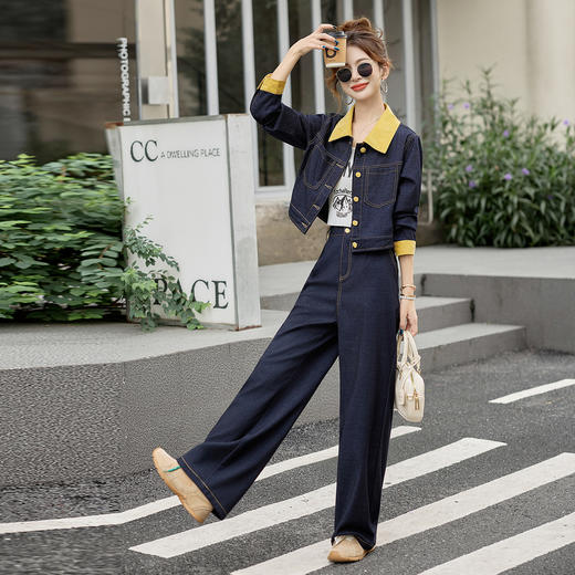 设计感撞色拼接牛仔套装女2025春秋新款休闲时尚高腰阔腿裤两件套 商品图1