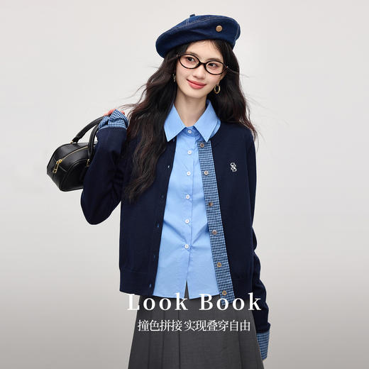 【周末秒杀】熙世界学院风复古格纹拼接针织衫女2025秋季新款羊毛长袖开衫上衣 商品图1