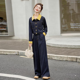 设计感撞色拼接牛仔套装女2025春秋新款休闲时尚高腰阔腿裤两件套