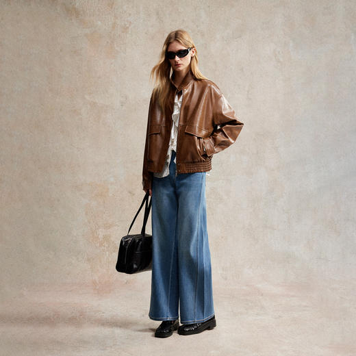 C+IMPRESS/西嘉|环保油蜡皮 立领棕色皮衣复古宽松廓形皮夹克外套WT2503012 商品图2