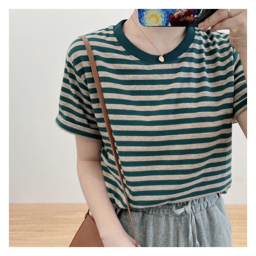 百媚生条纹拼色短袖t恤女纯棉打底衫8118 商品图2