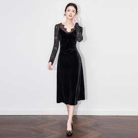 「高货wl」全新升级【铂金会员321/天猫429/差价108】(12738)洛诗琳法式浪漫气质金丝绒连衣裙2025秋季蕾丝收腰包臀裙