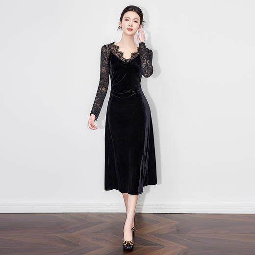 「高货wl」全新升级【铂金会员321/天猫429/差价108】(12738)洛诗琳法式浪漫气质金丝绒连衣裙2025秋季蕾丝收腰包臀裙 商品图0