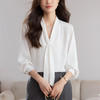 KQL 617T8332法式V领白衬衫长袖设计感飘带上衣衬衣 商品缩略图2