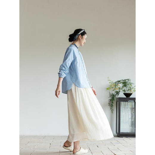 牧衣游原创 打条汉麻棉净色衬衫减龄显瘦宽松文艺蓝色衬衣 庭院深 商品图2