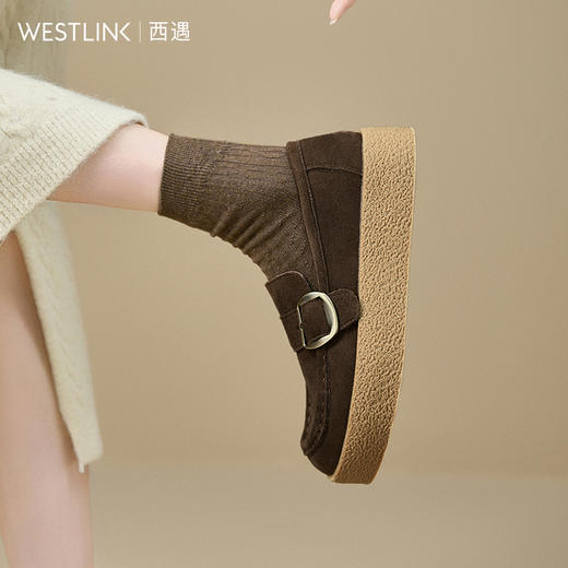 【限时秒杀】西遇厚底勃肯鞋女新款秋季复古一脚蹬豆豆鞋棕色乐福鞋袋鼠鞋V1857086 商品图3