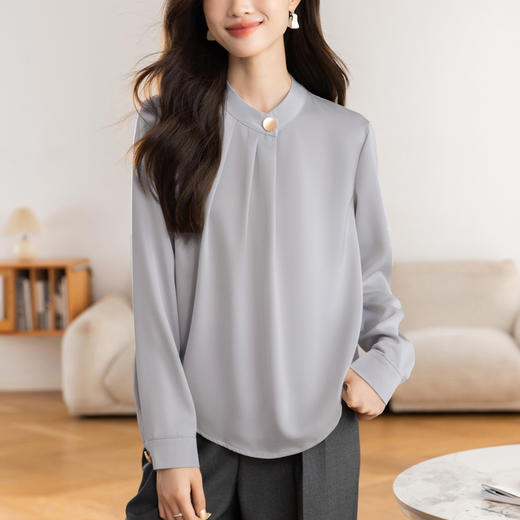 KQL 617T8335纯色压褶衬衫长袖职业衬衣小衫 商品图3