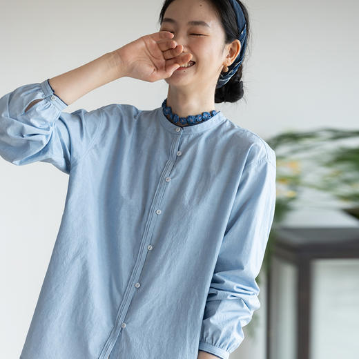 牧衣游原创 打条汉麻棉净色衬衫减龄显瘦宽松文艺蓝色衬衣 庭院深 商品图0