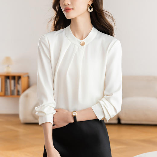 KQL 617T8335纯色压褶衬衫长袖职业衬衣小衫 商品图1