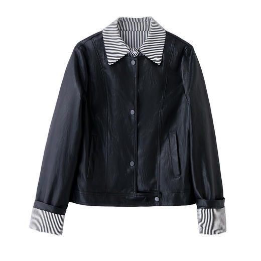 假两件皮衣外套女2025秋季新款设计感拼接气质条纹皮夹克上衣 商品图4