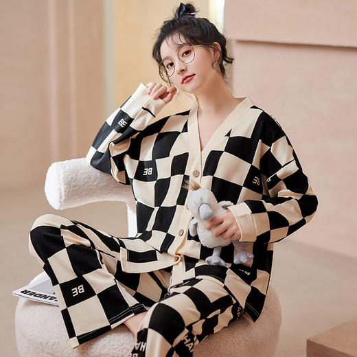 雀说 开衫时尚睡衣女长袖长裤纯棉春秋款家居服 商品图5