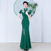 2025年新款高端走秀旗袍墨绿色弹力免烫鱼尾长款复古演出服 商品缩略图0