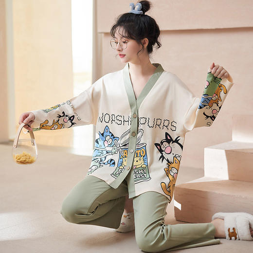 雀说 开衫时尚睡衣女长袖长裤纯棉春秋款家居服 商品图3