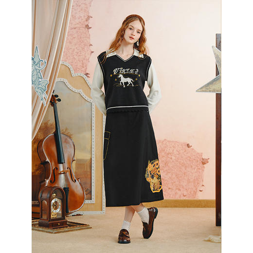 两三事梵高文艺 叠影绘迹 2025秋季新款动物图案撞色假两件毛衣女 商品图3