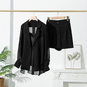 丁摩 夏季新款真丝桑蚕丝西装女套装薄款长袖绸缎上衣通勤短裤两件套5ZF-467