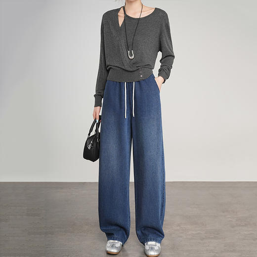 【爆款72小时发货】【秋季必备】【显高显瘦，时髦百搭】秋季新款莱赛尔复古牛仔休闲裤女弯刀豆荚裤宽松松紧阔腿牛仔裤100% 商品图7