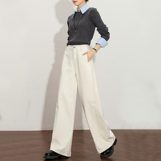 复古时髦丝巾腰带阔腿裤女秋季通勤百搭高腰显瘦直筒裤牛仔裤H0051271 商品图2