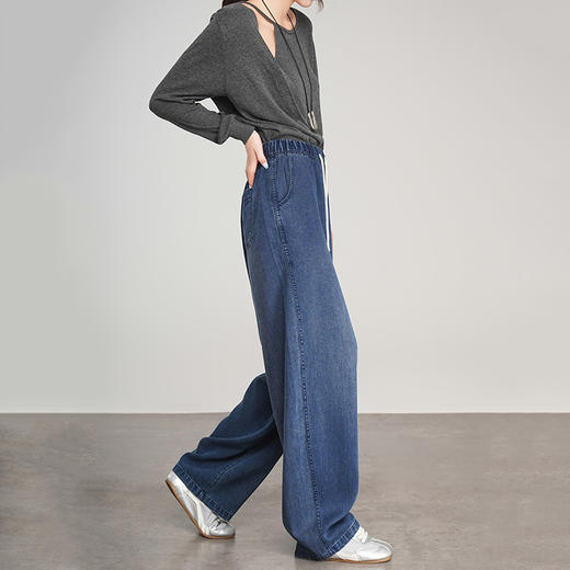 【爆款72小时发货】【秋季必备】【显高显瘦，时髦百搭】秋季新款莱赛尔复古牛仔休闲裤女弯刀豆荚裤宽松松紧阔腿牛仔裤100% 商品图5